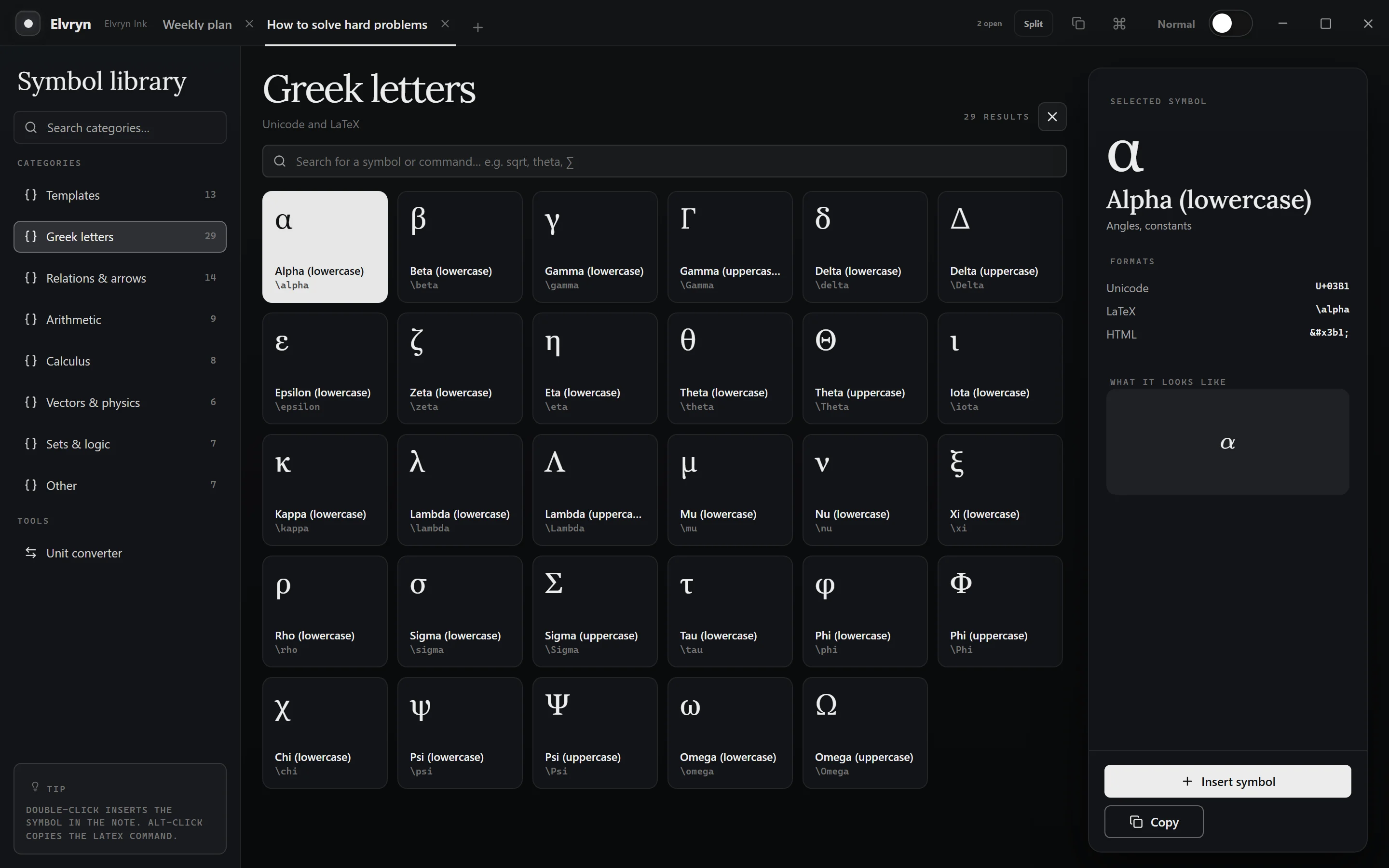 Elvryn’s symbol library on the Greek letters, with alpha picked and its Unicode, LaTeX and HTML.