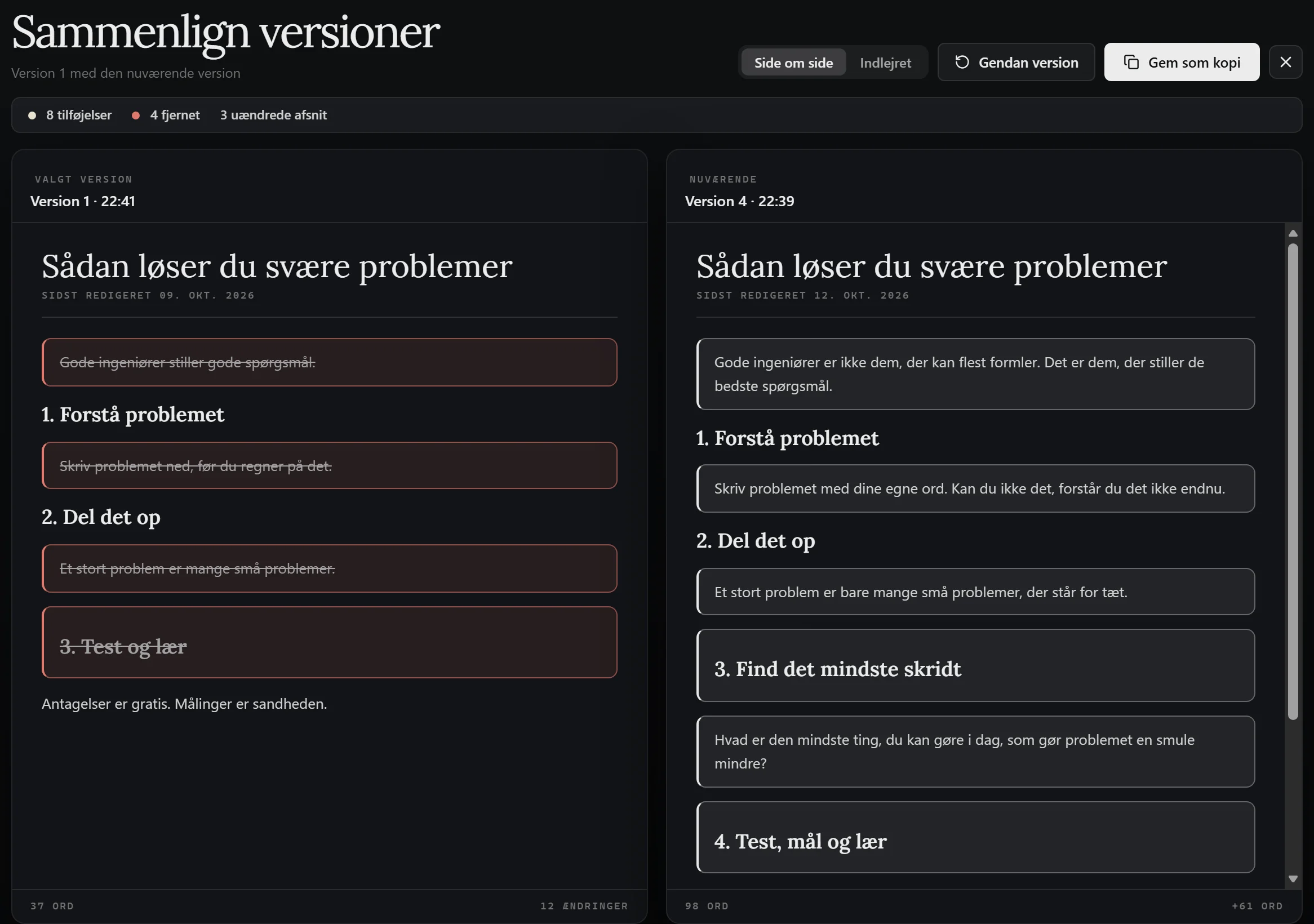 En tidlig version af en note ved siden af den nuværende, med ændringerne markeret.